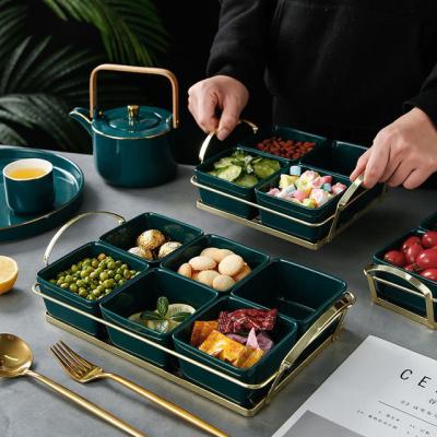 China European style luxury malachite six grid green ceramic dried fruit divided grid dishes with iron frame living room candy snack three grid dish s for sale