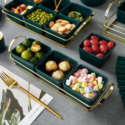 China European style luxury malachite six grid green ceramic dried fruit divided grid dishes with iron frame living room candy snack three grid dish s for sale