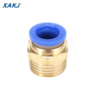 China Construction Material Stores XAKJ PC Series 1/4 1/8 3/8 1/2 BSPT Male Thread Threaded-to-Tube Male Straight Blue Brass Push In Pneumatic Fitting for sale