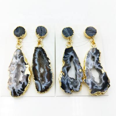 China Druzy Earrings Gold Plated Natural Geode Druzy Slice Dangle Shiny Drusillary Earrings Jewelry For Women for sale