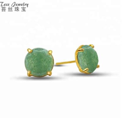 China Natural Round Stud Earrings Shape Green Jade Faceted Round Stud Earring High Quality Design 14K Gold Plated Gemstone Earrings for sale