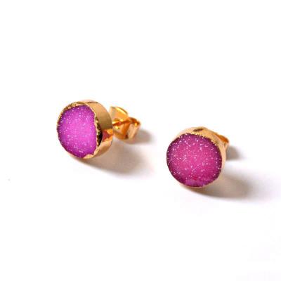 China Dye Color Round Round Natural Crystal Pink Drusy Stone Earring Quartz Druzy Stud Earrings Druzy Stud Earrings For Women for sale