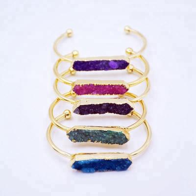 China Natural Druzy Stone Gold Plated Bangle Bracelets Druzy Cuff Bangle Bracelets Shape Drusillary Jewelry For Women for sale