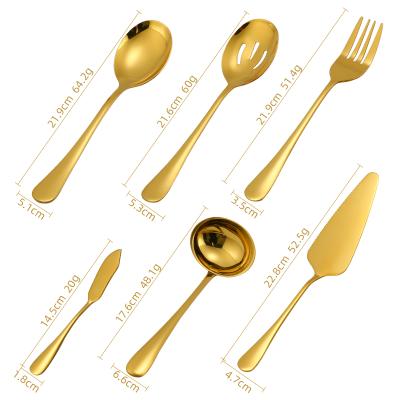 China Sustainable Gold 6-Piece Flatware Set Stainless Steel Sustainable Serving Hostess Set with Large Spoon Fork, Butter Knife, Slotted Spoon, Ladle for sale