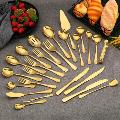 China Wholesale Viable Sppon and Fork Set Luxury Gold Cutlery Set Stainless Steel Gold Silverware Flatware Gold Spoon for sale