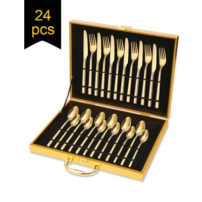 China Wholesale Viable Silverware Gold Flatware 24 Pcs Cutlery Set Viable Spoon And Fork Set In A Case for sale