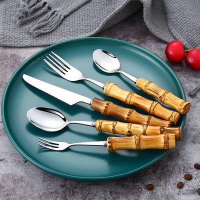 China Factory Sustainable Wholesale Knife Fork Spoon Set Real Bamboo Handle Set Cutlery Stainless Steel for sale