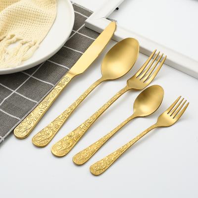 China Jie Yang Cutlery Manufacturer Gold Plated Sustainable Silverware Engrave Spoon Flatware With Floral Design for sale