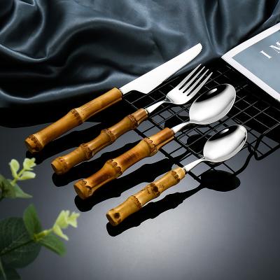 China Wholesale Sustainable Bamboo Handle Cutlery Set Stainless Steel Silverware Set Stainless Flatware Spoons And Forks for sale