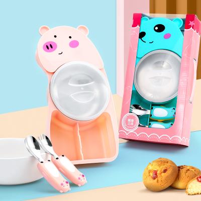 China New Design BPA Free Reusable Baby Bowl Spoon Fork Set Cartoon Baby Kids Feeding Tray Stainless Steel Kids Dinnerware Set for sale