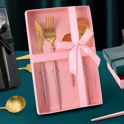 China Gold Stainless Steel Tableware Knife Spoon Fork Viable Luxury Wedding Cutlery Set With Gift Box for sale