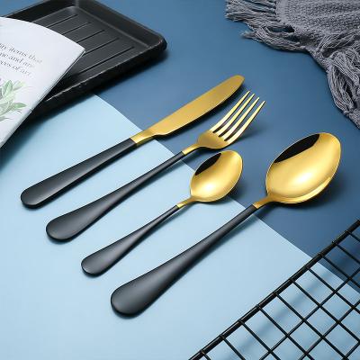 China Gold Sustainable Luxury Cutlery Set Black Stainless Steel Handle Spoon Fork Set Flatware Wholesale Reusable Wedding Cutlery for sale