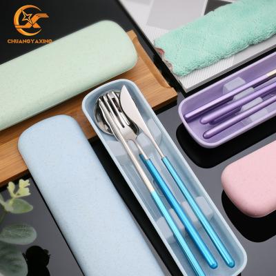 China Portable Knife and Spoon 304 Colors Stainless Steel Handle Cutlery Sustainable Fork Camping Chopstick Set With Wheat Straw Case for sale