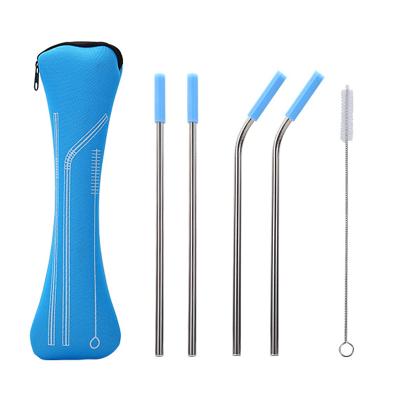 China Metal Straw Bag 5pcs Sustainable Sustainable Eco-friendly Portable Stainless Steel Straws Set With Silicone Straw Brush Tips for sale