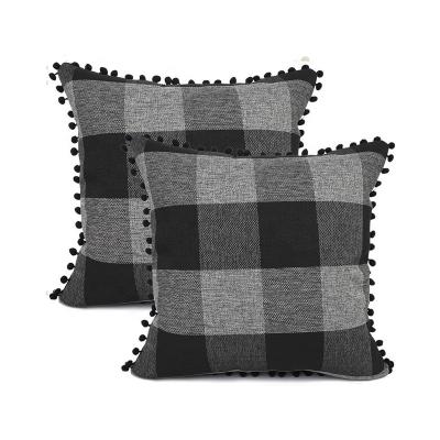 China Home Decor Gift Black And Gray Fall Thanksgiving Throw Pillow Home Covers With Pompoms Cushion Case Cotton Polyester For Sofa for sale