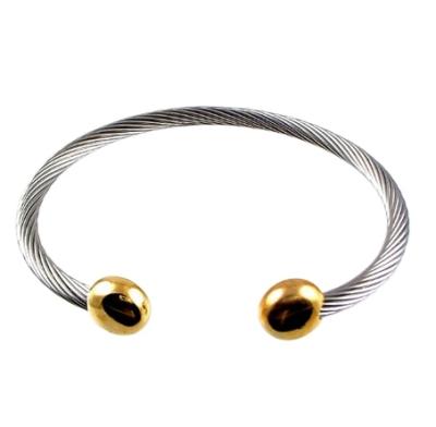 China Baby Casual/Sporty Lucky Thin Cheap Vintage Two Tone Cuff Stainless Steel Cable Wire Charm Cavity Bangle for sale