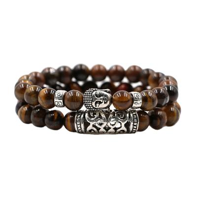 China Religious Natural Stone Beads Tiger Eye Lava Round Elasticity Rope Buddha Bracelet for sale