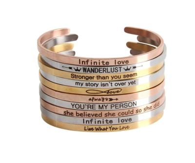 China 2020 Cute Personality Words Stainless Steel Inspiration Cuff Metal Bangle Unisex Engraved Open Bracket for sale