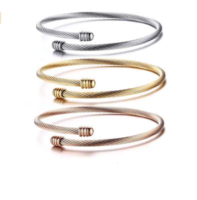 China Hiphop Jewelry Triple Three Cable Cuff Stackable Stainless Steel Wire Twisted Bracelets For Jewelry for sale