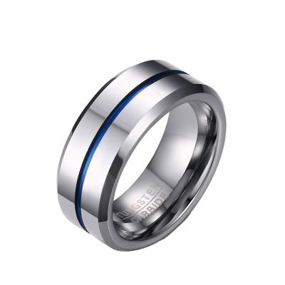 China Blue Line Tungsten Ring White 8MM Tungsten Carbide Time Thin Steel Ring Mens Casual/Sports Jewelry for sale