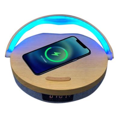 China Mobile Phone Wood 3 in 1 Wireless Charger BT Speaker for Samsung Huawei Xiaomi iPhone 12 /Pro Max with Table Lamp and Alarm Function for sale