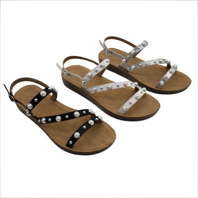 China Wholesale Fashion Trend Bling Sandals Strap Brown Buckle PU Summer Flat Women Slip On Beads Cover China Sandal for sale