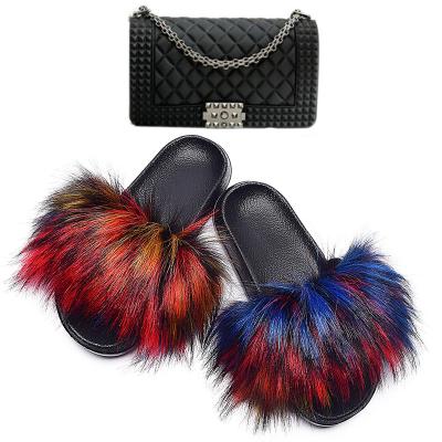 China Fashion Trend New Arrival Fur Fluffy Sandals Luxury Women's Casual Shoes Fur Slippers And Purse Flat Set for sale