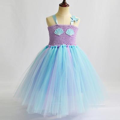 China Spaghetti Tie Mermaid Princess Tutu Dress With Hairpin Blue Purple Under The Sea Shell Tulle Girl Birthday Party Dress Kids Halloween Costume for sale