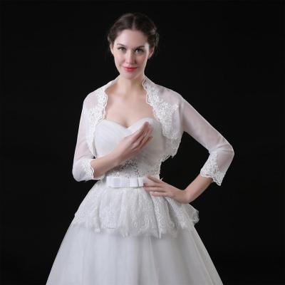 China Beautiful New Women Girls Stock 3/4 Long Sleeve Lace Shoulder Cropped Bolero Jacket Wedding Bridal White Wraps for sale