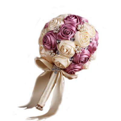 China Wedding Eco-friendly Handmade Bridal Bouquet Silk Flower Bouquet With Artificial Sapphire Beaded Crystal Wedding Bride Pearl Decoration for sale