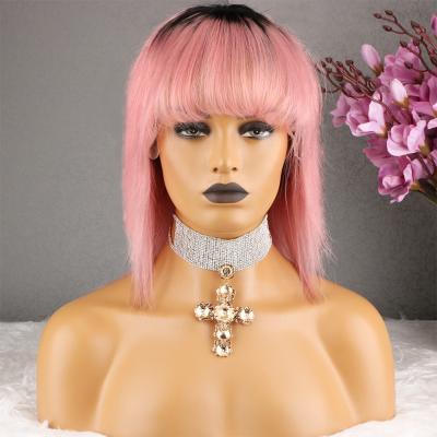 China Brazilian Straight Bob 100% Virgin Hair Lace Front Human Wigs With Neat Bangs Free Shipping Two Tone Ombre Pink Straight Black Root Color for sale