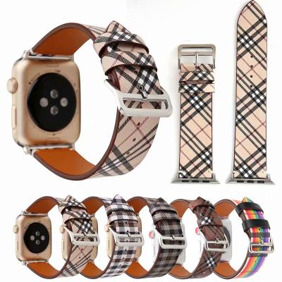 China Durable Plaid Pattern Leather Watch Band Strap For Apple Watch Band Series 4 3 2 1 38mm 42mm 40mm 44mm Leather Watch Band With Adapter for sale