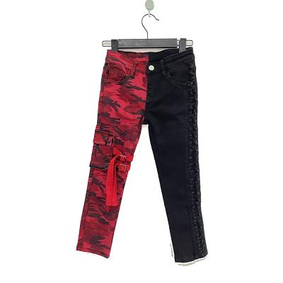 China Streetwear Sustainable Fashion Autumn Boys Red Camouflage Half Jeans And Side Black Damaged Half Kid for sale