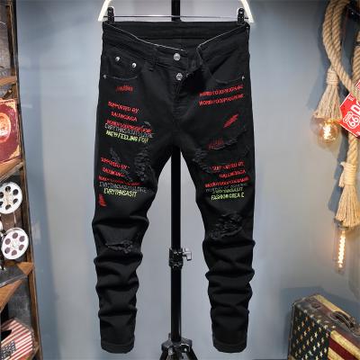 China Rts Streetstyle Letter Printing Men's Classic Designer Stylish Straight Jeans Breathable Skinny Jeans Men Embroidery Ripped Pants Wholesale for sale