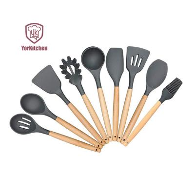 China Sustainable Wooden Silicone Kitchen Utensils Set 9 Piece Silicon Cookware Sets With Wooden Handle for sale