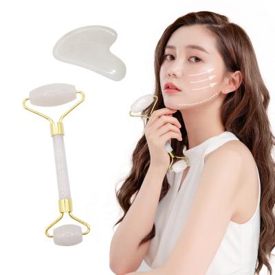 China Natural face lift 2 in 1 stainless steel white jade facial roller and gua sha with box to stimulate collagen production for sale