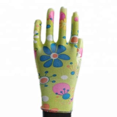 China Breathable Flower Color Coating White PU Palm Coated Garden Work Gloves for sale