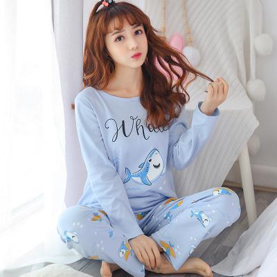 China Breathable 2 Pcs/Set 35%Cotton Cartoon Printed Shark Pajamas Women Suit Girls Female Causal Summer Long Sleeve Sleepwear for sale