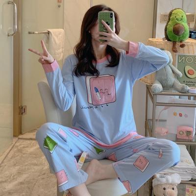 China Breathable Autumn Spring 35%Cotton Pajamas Woman Cartoon Printed Notebook Long Sleeves Pajamas Ladies Sleepwear Leisure Two-Pieces Sets for sale