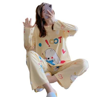 China Breathable long-sleeved women's pajamas Korean loose cotton home service spring and autumn milk silk 180g thin cartoons for sale