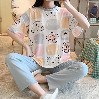 China QUICK DRY summer sleepwear women round cartoon printed polyester shorts sleeve pants homewear sleep wear pajamas cllar include bag for sale