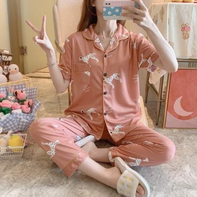 China QUICK DRY women's pajamas two piece sleeve milk short pants cardigan / loose cotton casual dress. Can be worn outside for sale