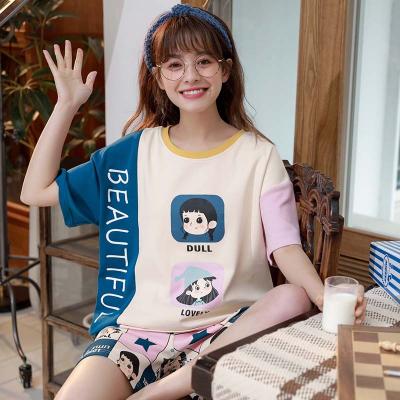 China 2021 QUICK DRY New 2 Piece Summer Sleepwear Cotton Cartoon Printed Cotton Pajamas Women Short Sleeve Homewear for sale