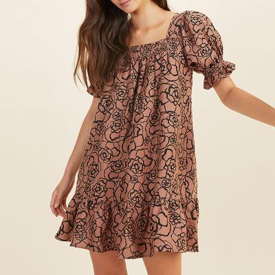 China Wholesale Breathable Smocked Floral Tiered Shirt Dress Canvas Breathable Sleeves Dresses 2022 Summer Dress Canvas Women for sale