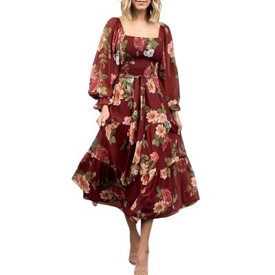 China Breathable Casual Chiffon Women's Long Wrap Spring Floral Print Midi Dresses Lady Elegant Dress Clothing Manufacturers Custom Made Women for sale