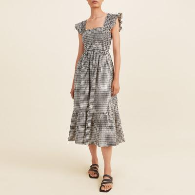 China 2022 Ladies Cotton Clothing Summer Midi Gingham Breathable Tiered Elegant Casual Dress Customized Women's Dresses for sale