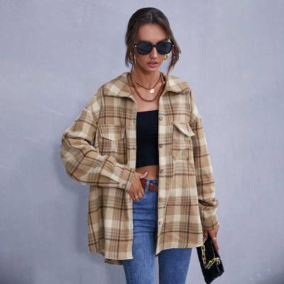 China Anti-wrinkle Luoqi Ladies Woolen Coat Khaki Plaid Printed Female Single Button Coat For Women for sale