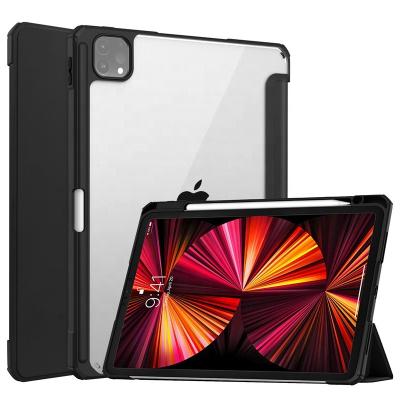 China Auto Sleep / Wake PU Leather Triple Stand Smart Cover Clear Back Hybrid Shockproof Case with Pencil Holder for iPad Pro 12.9