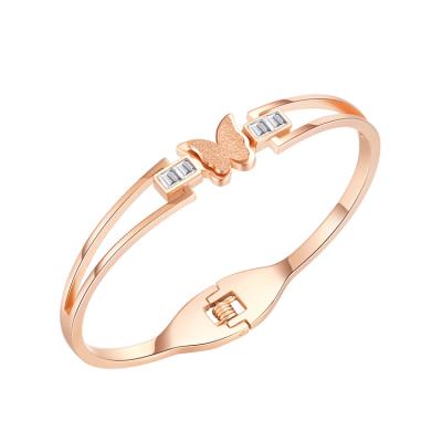 China Casual / Sporty Fine Jewelry 316L Stainless Steel Rose Gold Plated Crystal Butterfly Bangle Bracelet for sale