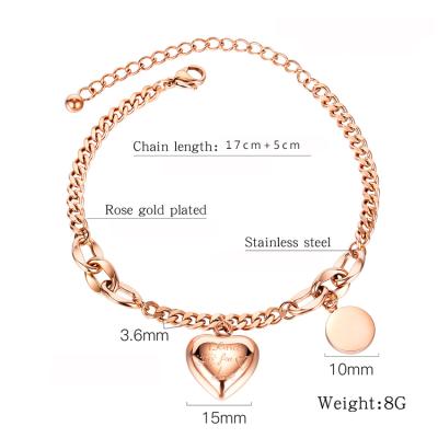 China Anti-allergic fast shipping stainless steel gold bracelet heart round charm bracelet silver jewelry for sale